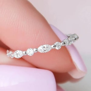 Marquise And Round Cut Diamond Wedding Band, 925 Sterling Silver Full Eternity Women Band, Matching Bridal Ring, Anniversary Ring Women