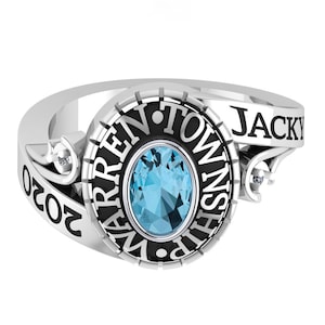 Blue Stone Class Ring,High School Class Ring,Gemstone Ring, Simulated Ring,Men&#39;s Oval Birthstone & Diamond Accent Class Ring,University Ring