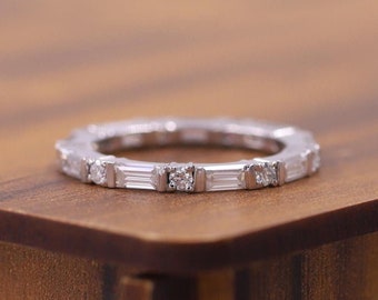 Colorless Lab Grown Alternative Diamond Band, Baguette & Round Cut Wedding Band, Half Eternity Matching Band, 14K Solid Gold Engagement Band