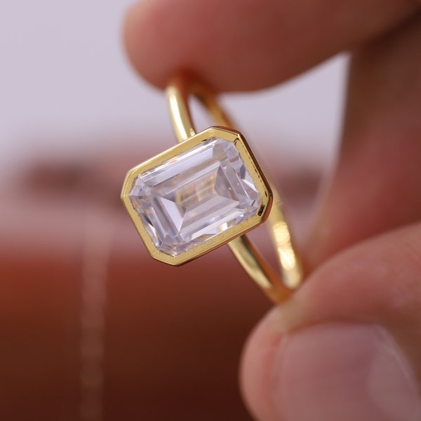 Anello di fidanzamento Moissanite taglio smeraldo da 3,0 CT, anello in oro massiccio 14k per donne, anello nuziale solitario, anello proposta con castone, regalo per lei