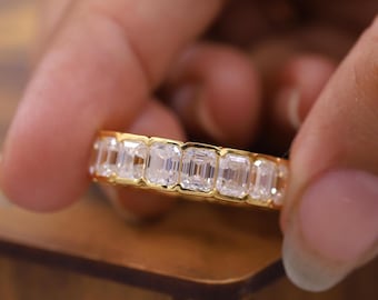 Emerald Cut Moissanite Diamond Full Eternity Band, Wedding Band For Bride, Half-Bezel Set Eternity Band, 14K Yellow Gold Engagement Band