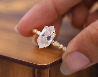 2.5 CT Hexagon Cut Engagement Ring, Hidden Halo Moissanite Wedding Ring, 14K Gold Ring, Promise Ring, Anniversary Ring, Hexagon Diamond Ring