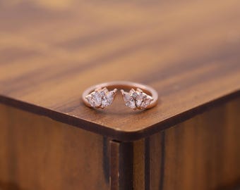 Marquise & Round Cut Diamond Cuff Ring, Custom Open Gap Ring, Engagement Ring, Perfect Matching Band, Wrap Open Stacking Wedding Band