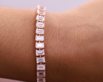 Diamond Tennis Bracelet Emerald 14K Gold Anniversary Wedding Gift For Her Girlfriend Wife Birthday Gift, Sterling Silver Moissanite Bracelet