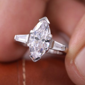 Moissanite Marquise Baguette Engagement Ring, Marquise Three Stone Wedding Ring, 14k Gold 3 Stone Moissanite Ring, Tapered Baguette Ring