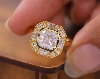 Anel de diamante com moissanita lapidada Asscher, anel de noivado com design clássico de halo, anel de noivado em ouro maciço 14k, anel de pedido de casamento personalizado para ela