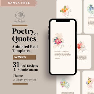 Modelli per reel di poesie con citazioni, contenuti per reel di 1 mese, modelli per scrittori, disegni di donne con fiori, reel animati, modelli per reel modificabili da Canva