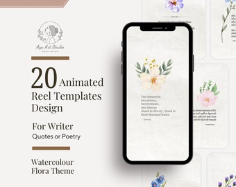 20 Instagram Animated Reel Templates, Watercolour Flora Design, Writer Reel Templates, Quotes Poetry Reel Templates, Canva Editable Template