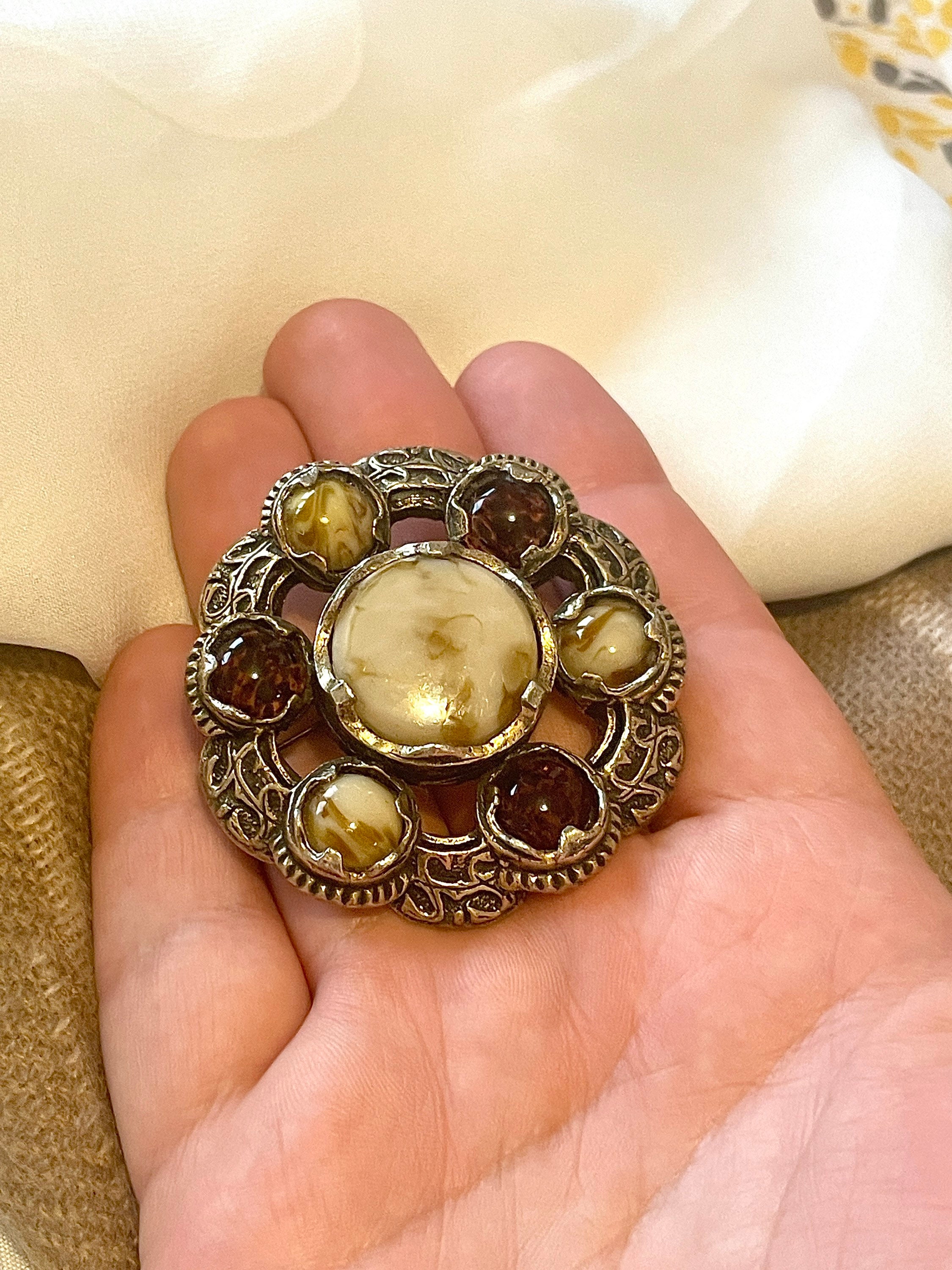 Broche Celtique Croix Ancienne - Pierre Orange - Bijou Vintage