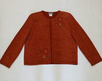 Vintage Koret mujeres XL floral bordado abierto cardigan chaqueta naranja quemada EUC