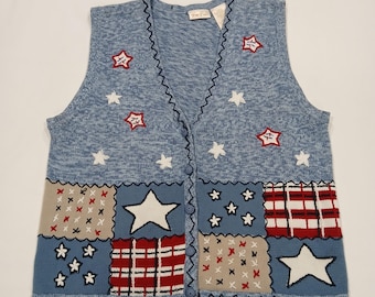 Chaleco de punto patriótico vintage Bobbie Brooks talla L, rojo, blanco y azul, estilo Grannycore Americana.