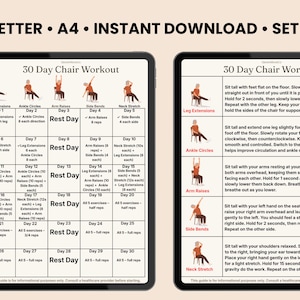 Op de afbeelding: Twee digitale prints op een zwarte achtergrond. De linker print is een 30-daagse stoel workout chart met oefeningen en rustdagen. De rechter print geeft de oefeningen in detail. Tekst bevat "US LETTER • A4 • DIRECT DOWNLOADEN • SET VAN TWEE".