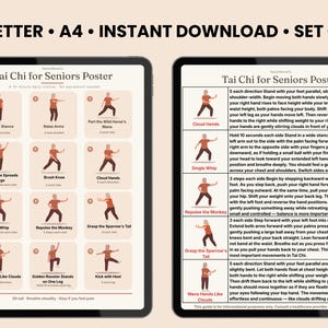 Op de afbeelding: Een set van twee digitale posters getiteld Tai Chi for Seniors Poster, met illustraties van twaalf verschillende bewegingen met genummerde stappen en beschrijvende tekst. De lay-out bevat een raster van oefeningen en gedetailleerde instructies voor elke houding, gepresenteerd in een beige en donkerbruin kleurenschema.