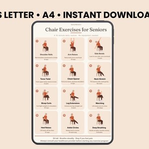 Op de afbeelding: Een digitale kaart getiteld Chair Exercises for Seniors met twaalf geïllustreerde bewegingen, waaronder schouderrollen, armheffen, zijwaartse buigingen, romp-twists, borstopeningen, nekstrekkingen, bicep curls, beenstrekkingen, marcheren, hielheffen, enkelcirkels en diepe ademhaling.