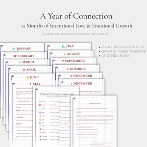 May include: A Year of Connection workbook for couples. The cover features the title and the phrase "12 Months of Intentional Love & Emotional Growth." The workbook includes a 41-page relationship guide, a 12-month guided workbook, and 48 weekly plans.
