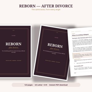Puede incluir: Un libro digital titulado Reborn After Divorce con portada de color morado oscuro, texto en blanco y bordes dorados. La imagen muestra dos portadas cerradas y una página abierta con texto en negro, incluyendo el capítulo When Everything Collapses.