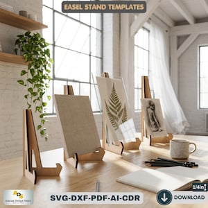 Puede incluir: Plantillas de caballete de madera con varias opciones de visualización. Uno sostiene un lienzo, otro un panel de vidrio con un diseño de helecho y un tercero muestra un boceto. El texto "EASEL STAND TEMPLATES" está en la parte superior. El texto "SVG-DXF-PDF-AI-CDR" está en la parte inferior.