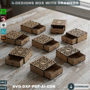 Puede incluir: Varias cajas de madera pequeñas y abiertas con tapas decorativas con diseños geométricos recortados y cajones extraíbles se muestran sobre una superficie clara. El texto "4-DESIGNS BOX WITH DRAWERS" y la información del tipo de archivo están presentes.