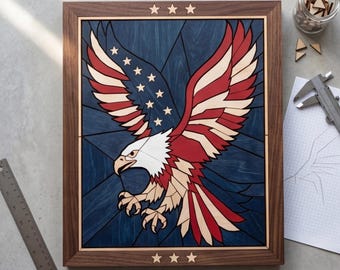 Patriotic Bald Eagle Pattern, American Flag WallArt Decor, 4th of July Veteran Wood Sign