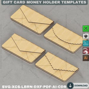 May include: Four wooden gift card money holder templates. The templates are light brown with a wood grain pattern. Two templates have a straight edge, and two have a scalloped edge. The text "GIFT CARD MONEY HOLDER TEMPLATES" is at the top.