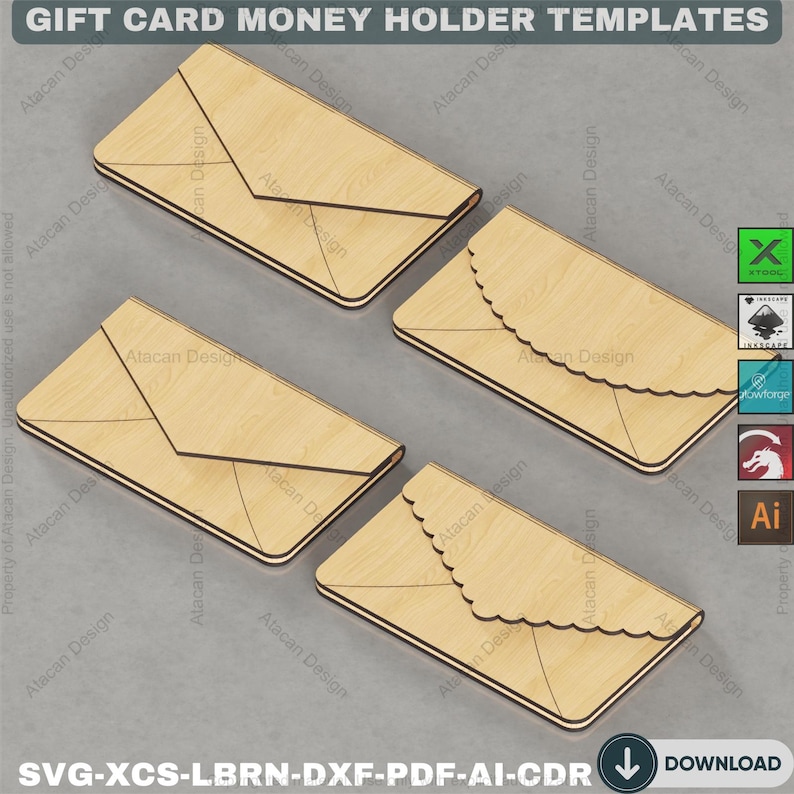 May include: Four wooden gift card money holder templates. The templates are light brown with a wood grain pattern. Two templates have a straight edge, and two have a scalloped edge. The text "GIFT CARD MONEY HOLDER TEMPLATES" is at the top.