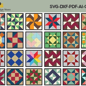 24 Mega paquete de colchas de granero / Archivos cortados con láser SVG / Proyectos Glowforge listos para láser / Edredones con planos de color ADS148