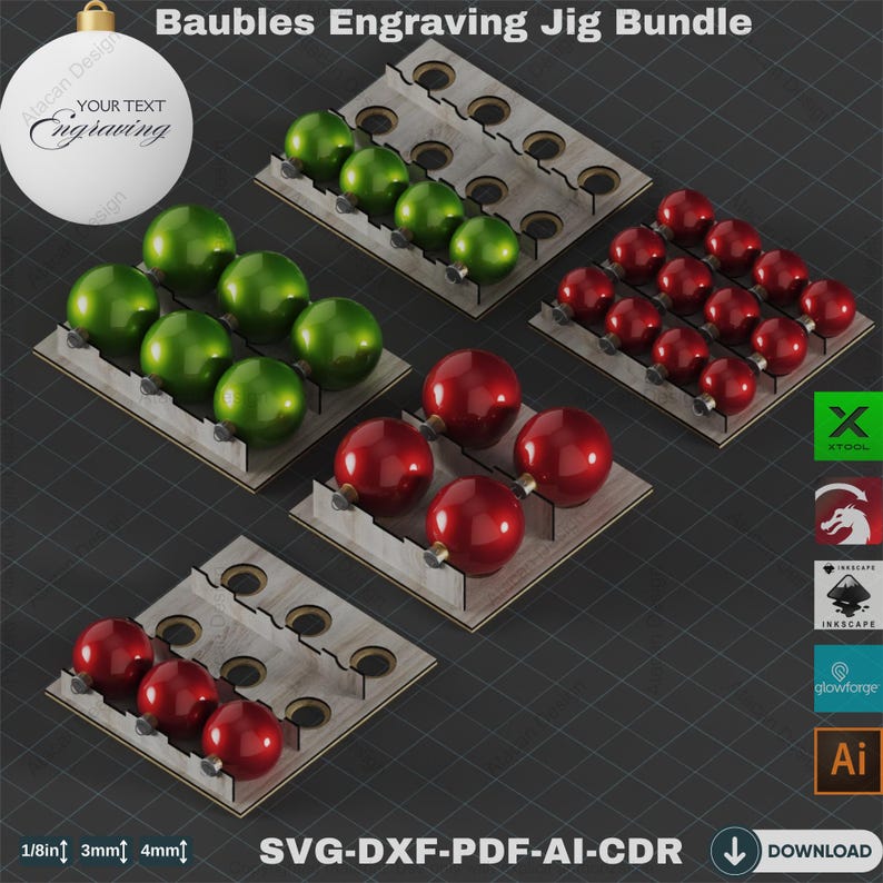 May include: A bundle of bauble engraving jigs with green and red ornaments. The jigs are made of light-colored wood and hold the ornaments in place. The image includes the text "Baubles Engraving Jig Bundle" and "YOUR TEXT Engraving".