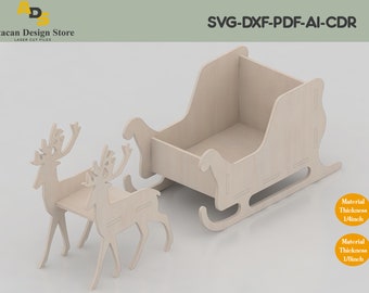 Santa Claus Sleigh Decoration / Sleigh Laser Cut / Wooden Reindeer / Glowforge Lightburn ADS154