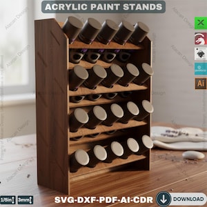 Könnte beinhalten: Holz-Acrylfarbständer mit mehreren abgewinkelten Regalen. Der Ständer ist aus hellbraunem Holz gefertigt und für Farbflaschen konzipiert. Der Text "ACRYLIC PAINT STANDS" steht oben. Die Dicke beträgt 3 mm.