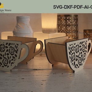 Confezione regalo decorativa a forma di tazza/Decorazioni per la casa per riporre tazze/File vettoriali laser ADS184