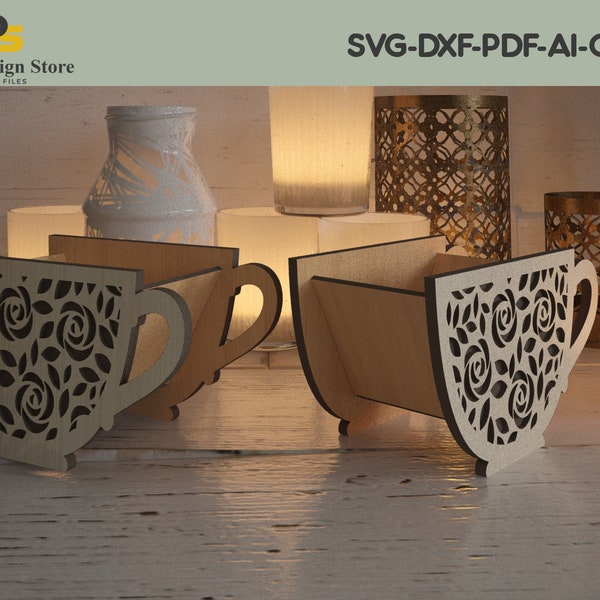 Dekorative Tasse Form Geschenkbox / Tasse Aufbewahrung Home Dekor / Laser Vektor Dateien ADS184