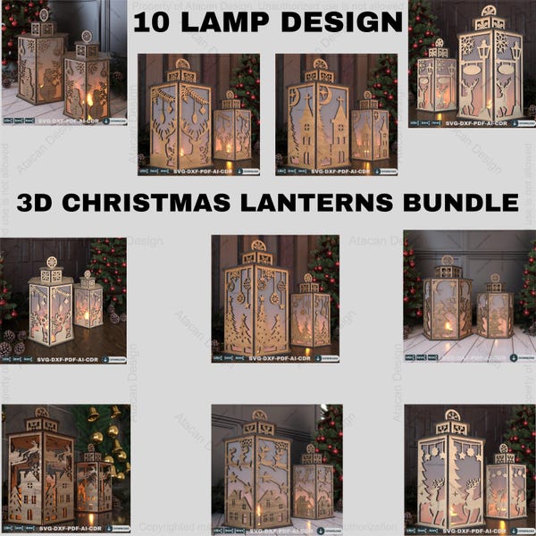 Laser Cut Christmas Lantern Set,10 Designs 3D Holiday Table Decor  Lampshade Files,3D Christmas Lantern Laser Files,Wooden Candle Holder 878