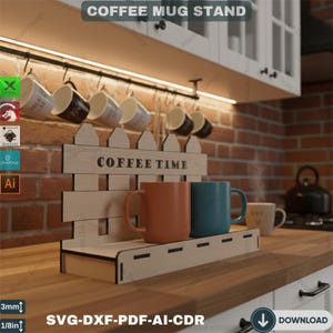 May include: A wooden coffee mug stand with the text "COFFEE TIME" features an orange and teal mug. The stand is on a wooden countertop with a brick wall background. The stand is 1/8 inch thick.