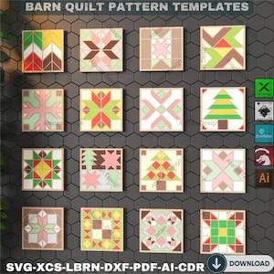 Op de afbeelding: Een verzameling van zestien sjablonen voor schuurquilts in verschillende geometrische ontwerpen. Elke vierkant heeft een unieke combinatie van kleuren, waaronder rood, groen, geel en bruin, met een houten frame. De tekst "BARN QUILT PATTERN TEMPLATES" is inbegrepen.