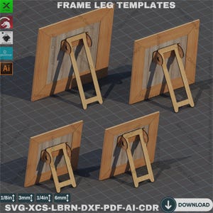 Op de afbeelding: Vier verschillende houten frame-been sjablonen voor 1/8 inch, 3 mm, 1/4 inch en 6 mm dikke frames. De sjablonen worden getoond vanaf de achterkant met de poten opgevouwen.