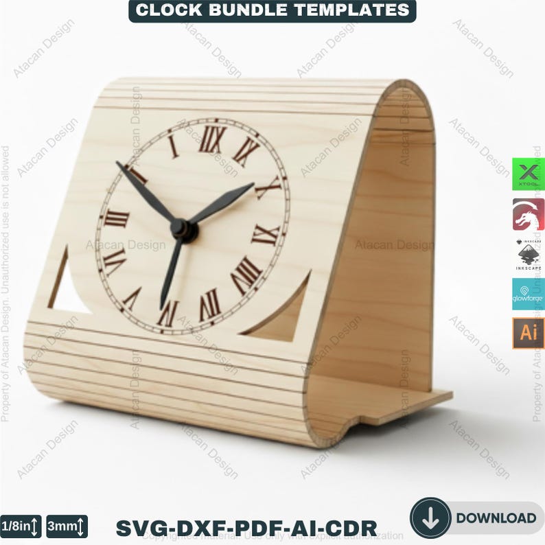May include: A wooden clock with a Roman numeral clock face. The clock has a unique design with cut-out shapes and a curved top. The text "CLOCK BUNDLE TEMPLATES" is at the top. The clock is made of light-colored wood.