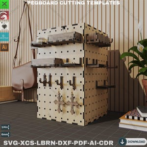 May include: A wooden pegboard with shelves, hooks, and cross-shaped earring displays. The pegboard has a grid of holes and is labeled "PEGBOARD CUTTING TEMPLATES". The image also includes the text "SVG-XCS-LBRN-DXF-PDF-AI-CDR".