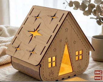 Laser Cut Plywood Tealight House Template, Wooden Candle Holder Night Light Decor 988