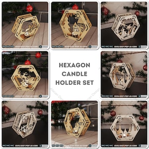 Puede incluir: Conjunto de seis portavelas hexagonales con intrincados diseños recortados. Cada portavelas presenta una escena diferente con temática invernal, que incluye una casa, árboles y copos de nieve. Los portavelas están hechos de madera y son perfectos para agregar un toque festivo a la decoración de tu hogar.