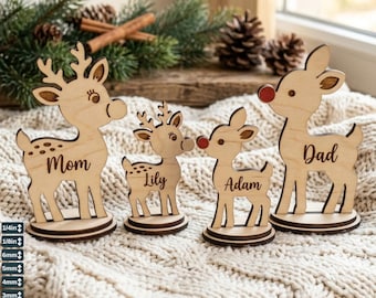 Family Christmas Deer Laser Cut Standing Decor - Personalized Reindeer Plywood 984