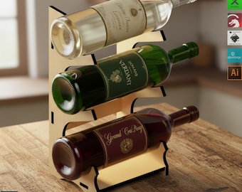 Laser Cut Wine Rack Plans SVG, Wooden Countertop Wine Holder DXF, DIY 3 Bottle Wine Display Stand