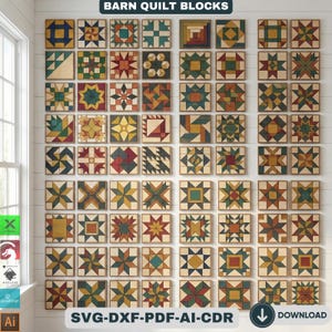 May include: A collection of framed barn quilt blocks in various geometric patterns and colors, including blue, green, red, and yellow. The blocks are displayed on a white wall, with the text "BARN QUILT BLOCKS" at the top and "SVG-DXF-PDF-AI-CDR" at the bottom.