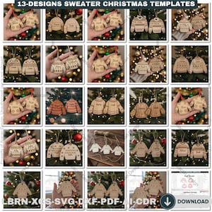 May include: Wooden Christmas sweater ornaments with various names and designs. The ornaments are displayed against a backdrop of a Christmas tree. The text "13-DESIGNS SWEATER CHRISTMAS TEMPLATES" is at the top of the image.