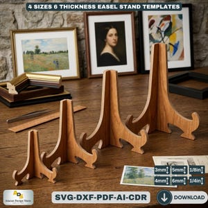 Può includere: Modelli di cavalletto in legno in quattro dimensioni e sei spessori. I supporti sono realizzati in legno marrone chiaro e sono progettati per contenere opere d'arte. L'immagine include opere d'arte incorniciate e il testo "4 SIZES 6 THICKNESS EASEL STAND TEMPLATES".