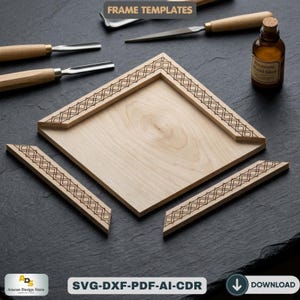 Pode incluir: Um modelo de moldura de madeira clara com um design geométrico, juntamente com ferramentas de marcenaria e um frasco de cola para madeira. A moldura está parcialmente montada, com peças separadas. O texto "FRAME TEMPLATES" está no topo.