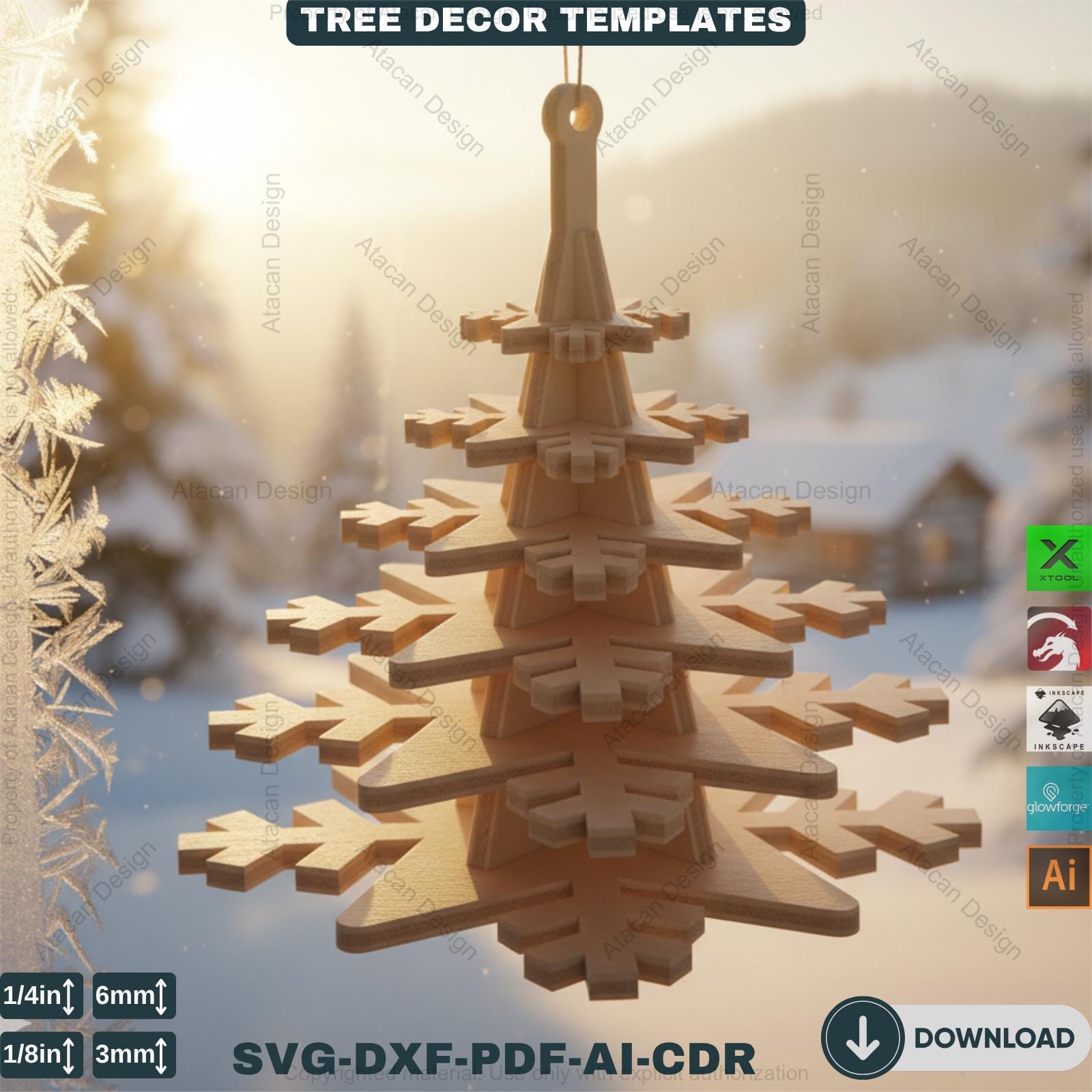 3D Christmas Tree Laser Cut File, Rustic Snowflake Holiday Decor, DIY ...