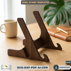 May include: Two dark brown wooden easel stands with a curved support. The stands are on a light brown surface. The text "EASEL STAND TEMPLATES" is at the top. The text "SVG-DXF-PDF-AI-CDR" is at the bottom. The thickness is 3mm.