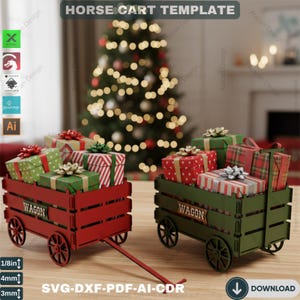 May include: Two wooden horse cart templates, one red and one green, each filled with wrapped gift boxes. The carts have wagon wheels and the word "WAGON" on the side. The image includes the text "HORSE CART TEMPLATE" and "SVG-DXF-PDF-AI-CDR".