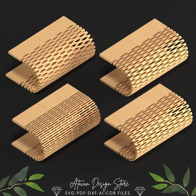 Pode incluir: Quatro designs diferentes de pain&eacute;is de parede decorativos de madeira cortados a laser. Os designs apresentam padr&otilde;es geom&eacute;tricos com uma forma curva. Os designs s&atilde;o mostrados em uma perspectiva 3D.