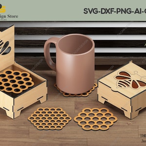 May include: A set of four wooden coasters with a honeycomb design and a bee cutout. The coasters are in a box with a bee cutout on the front. The box is made of wood and has a lid. The coasters are 3mm thick and are made of wood. SVG-DXF-PNG-AI-CDR